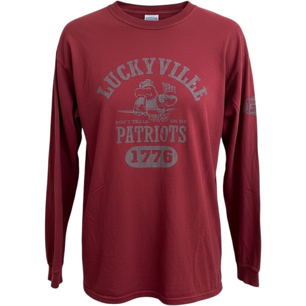 Vintage 90s Lucky Brand Red Long Sleeve Luckyville Patriots Shirt USA Size HIM